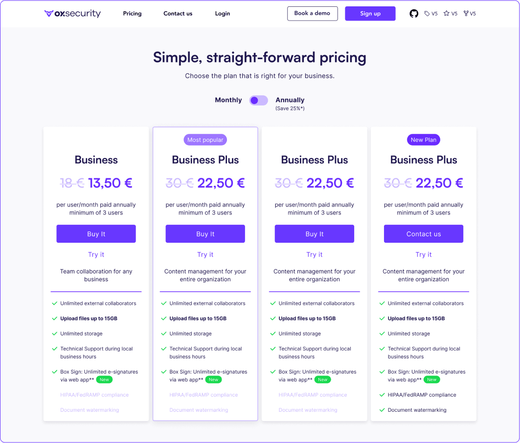 OX Security pricing page - Simple, straight-forward pricing with four plan cards.