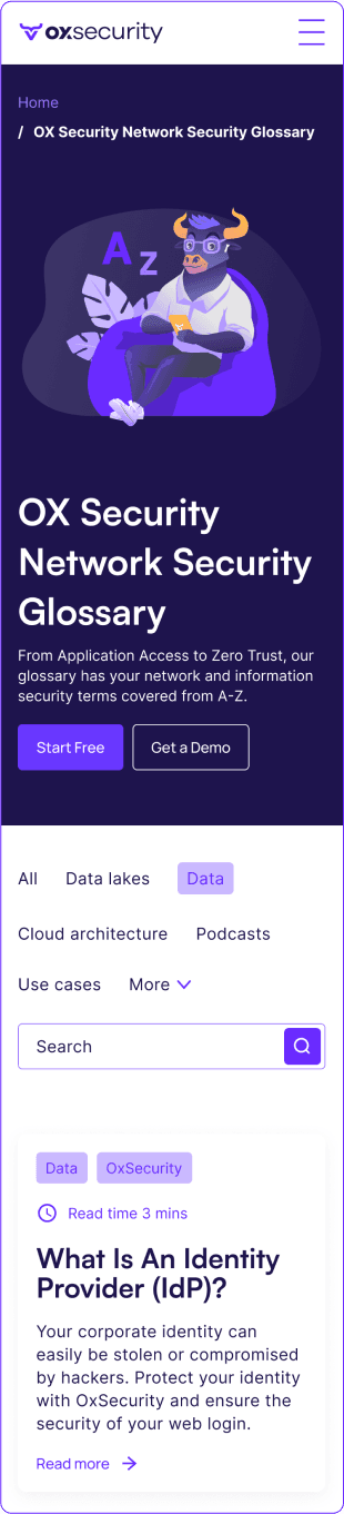 OX Security mobile glossary page with the bull mascot illustration.