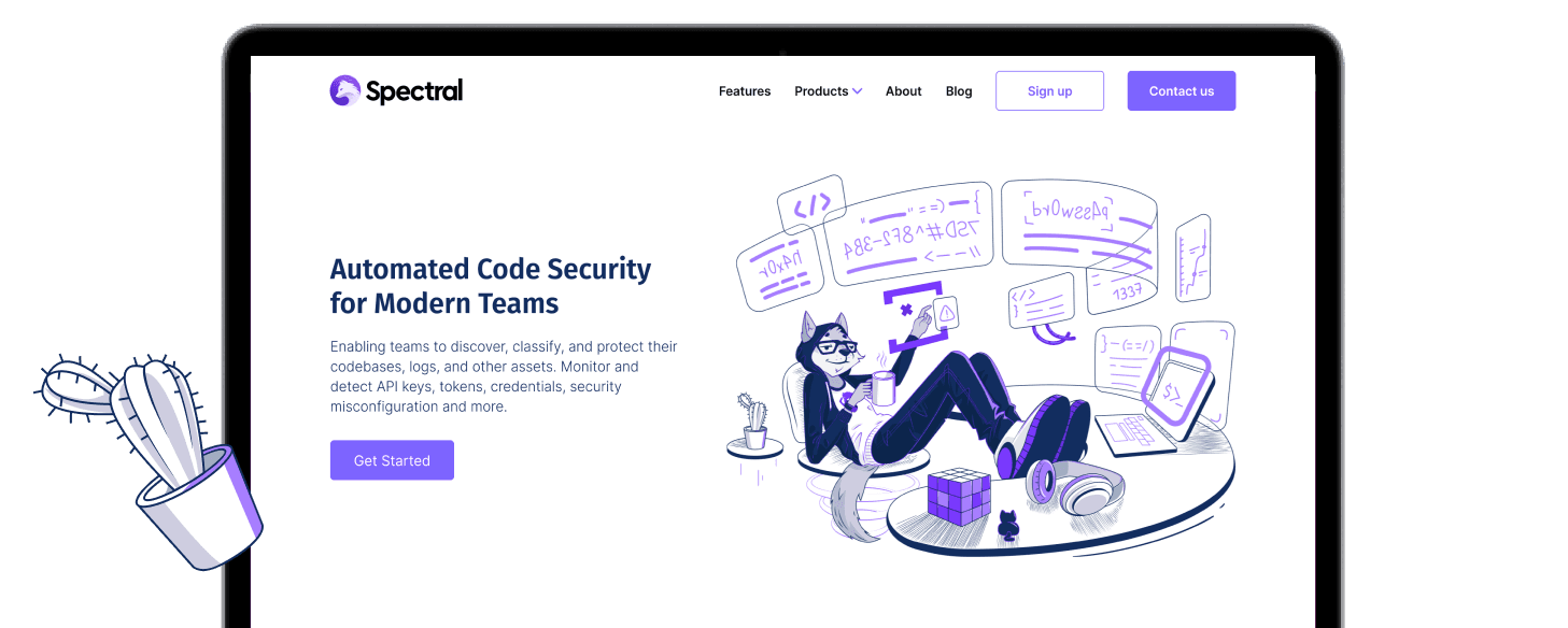 Spectral homepage - Automated Code Security for Modern Teams, with the brand's wolf character illustration.