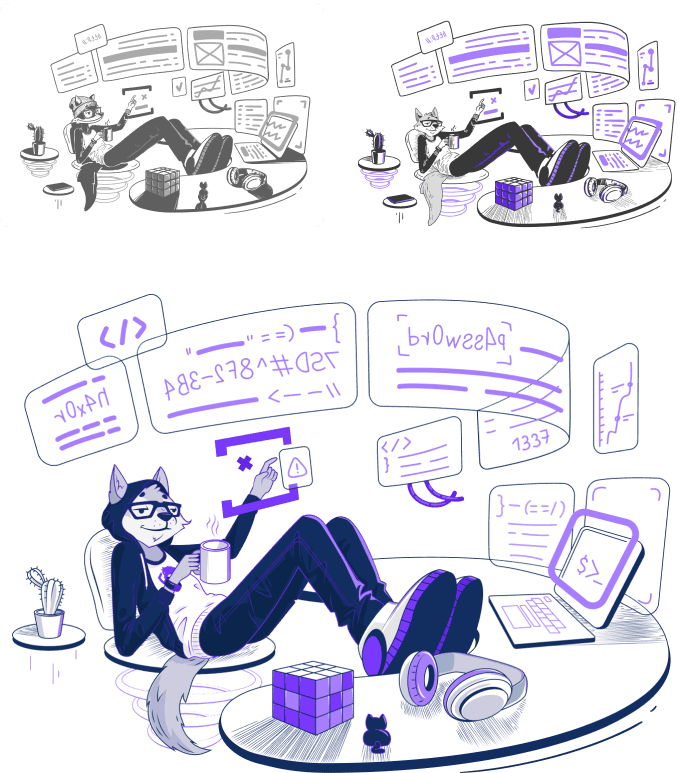Spectral mascot - the hacker-superhero character in a black hoodie surrounded by code and devices.