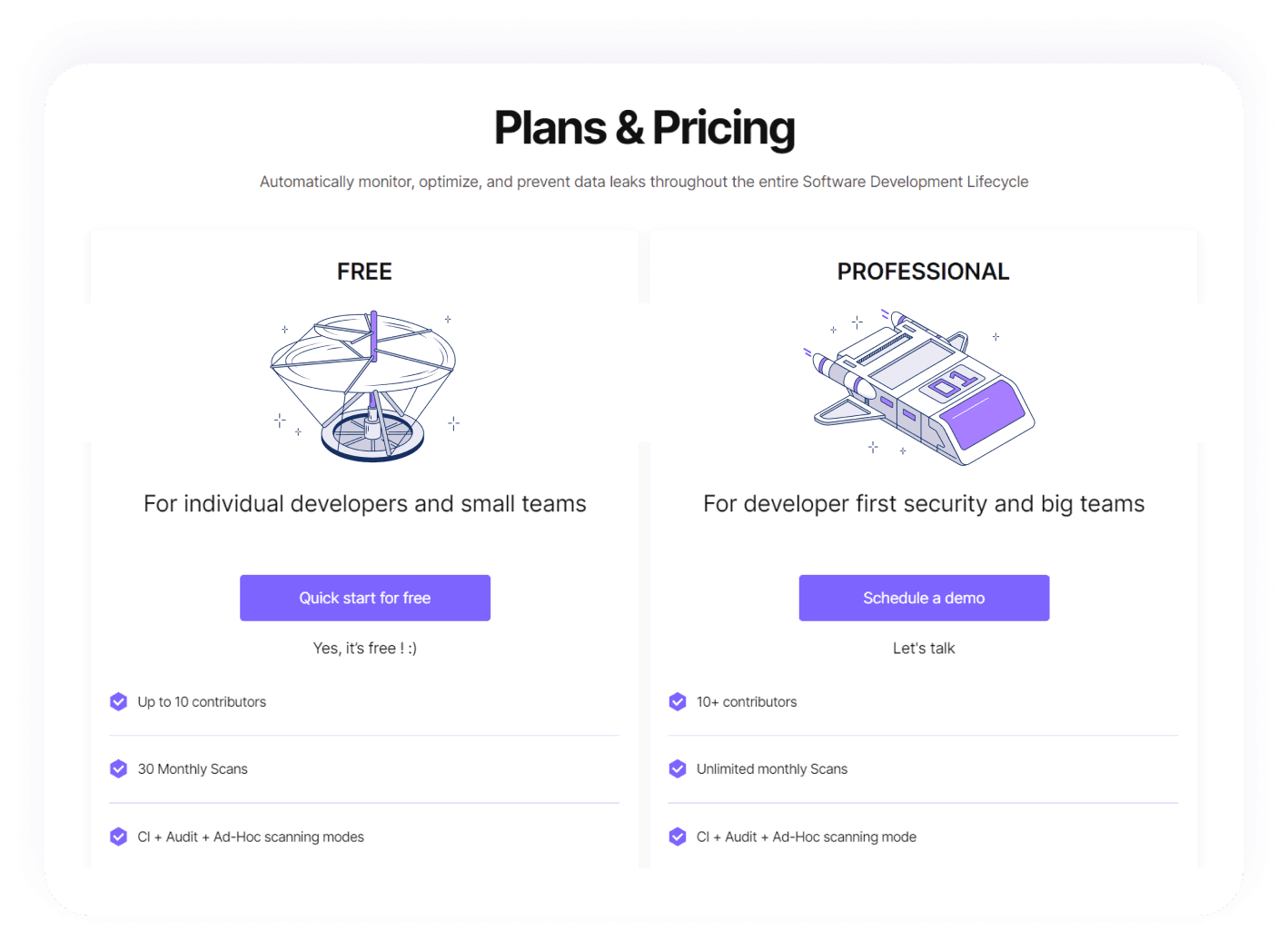 Spectral pricing page - Free and Professional plan cards side by side.