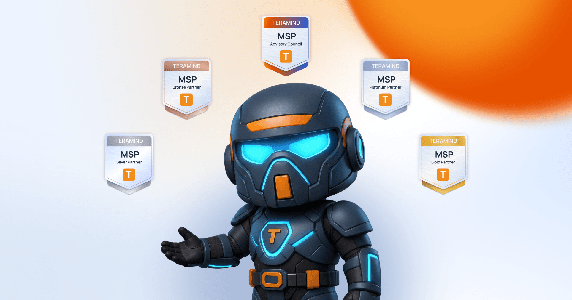 Timmy the Teramind robot surrounded by the MSP partner-program badges - Silver, Bronze, Advisory Council, Platinum and Gold.