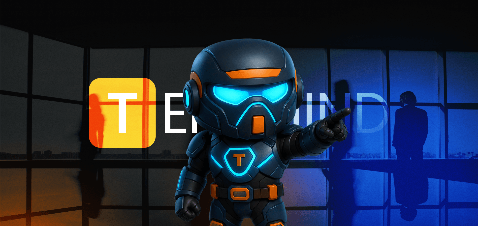 Teramind - Timmy the robot mascot pointing forward in front of the giant TERAMIND wordmark, in a dark office lit orange and blue.