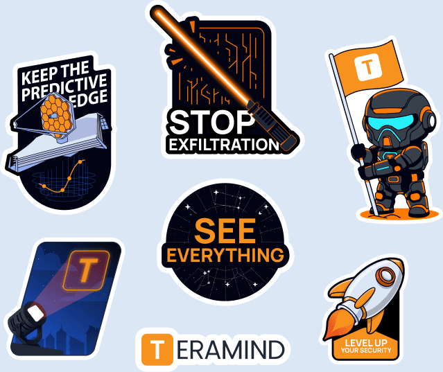 Teramind sticker pack - Timmy with a flag, See Everything, Stop Exfiltration and Level Up Your Security badges.