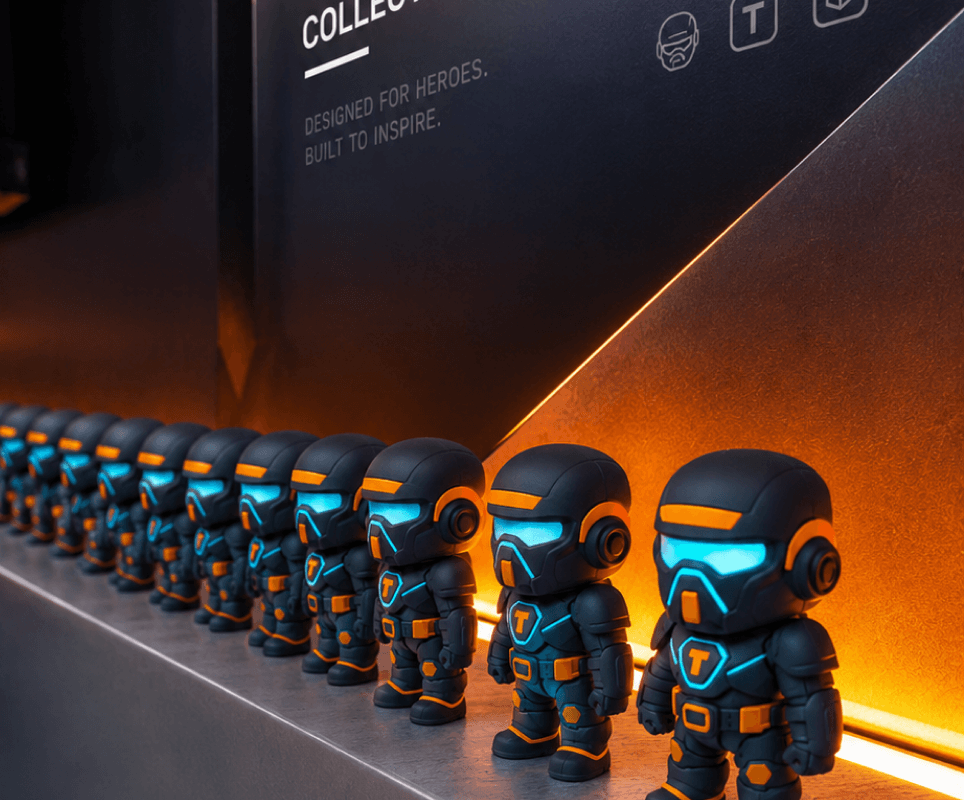 A row of Timmy robot figurines on a backlit shelf - "Designed for heroes. Built to inspire."