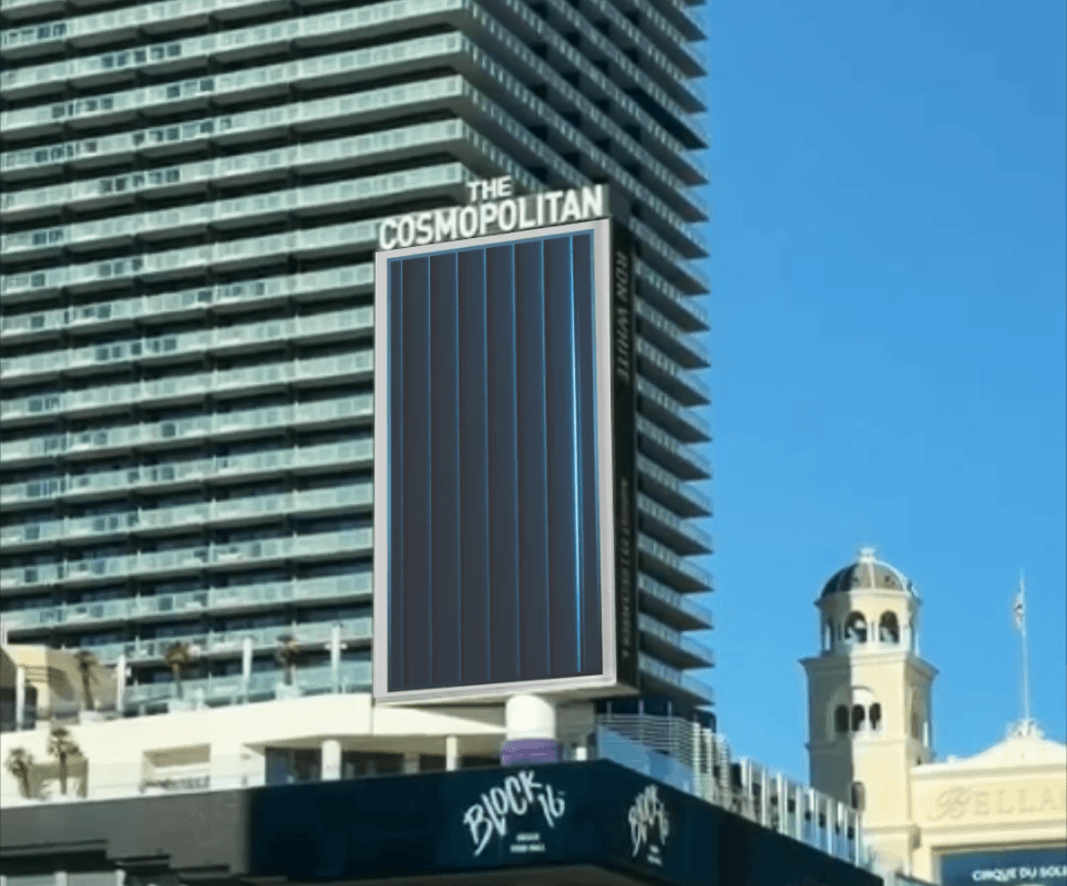 Teramind campaign running on The Cosmopolitan's digital billboard in Las Vegas.