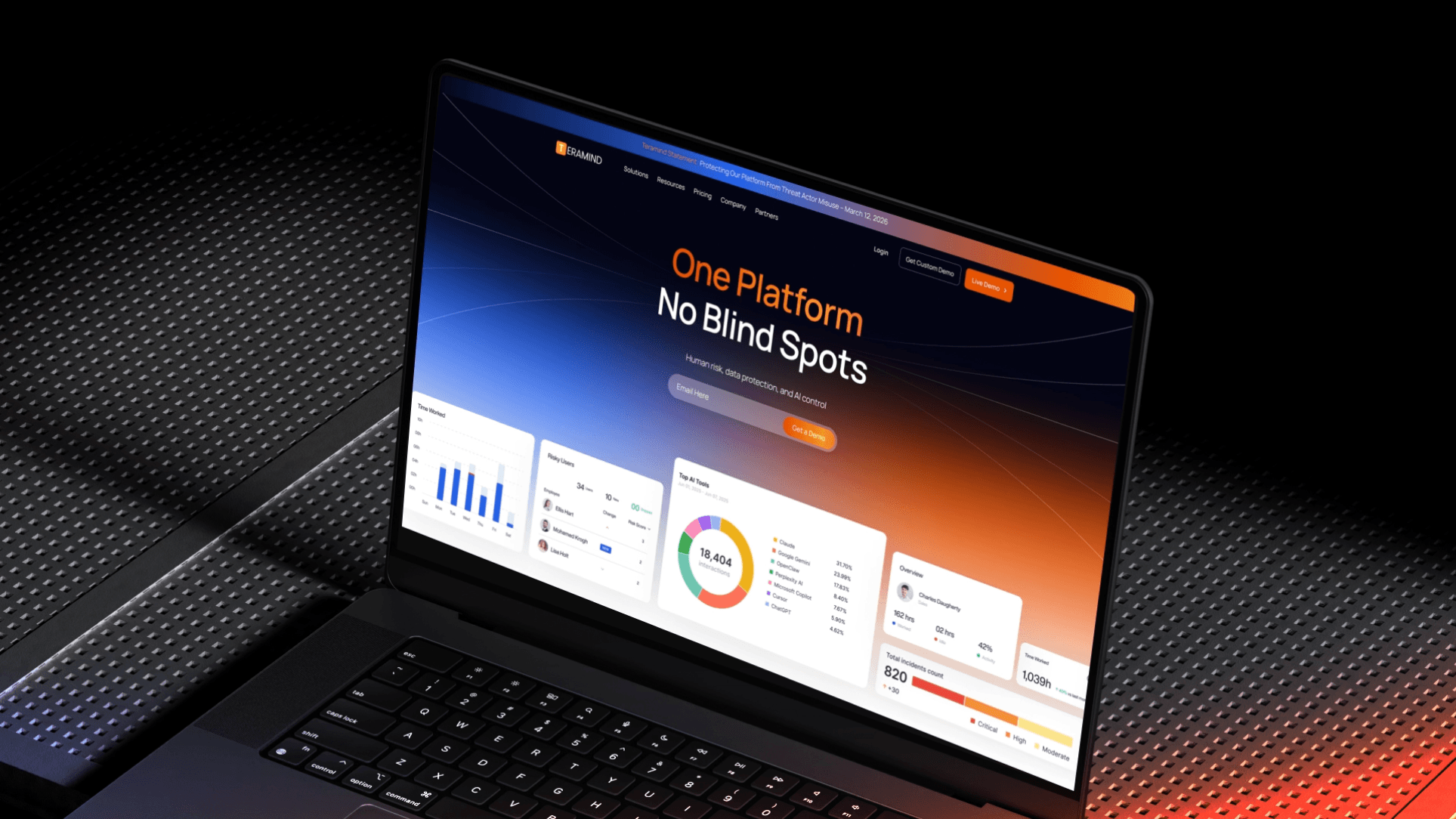 Laptop mockup - the Teramind "One Platform. No Blind Spots." homepage on a dark desk.