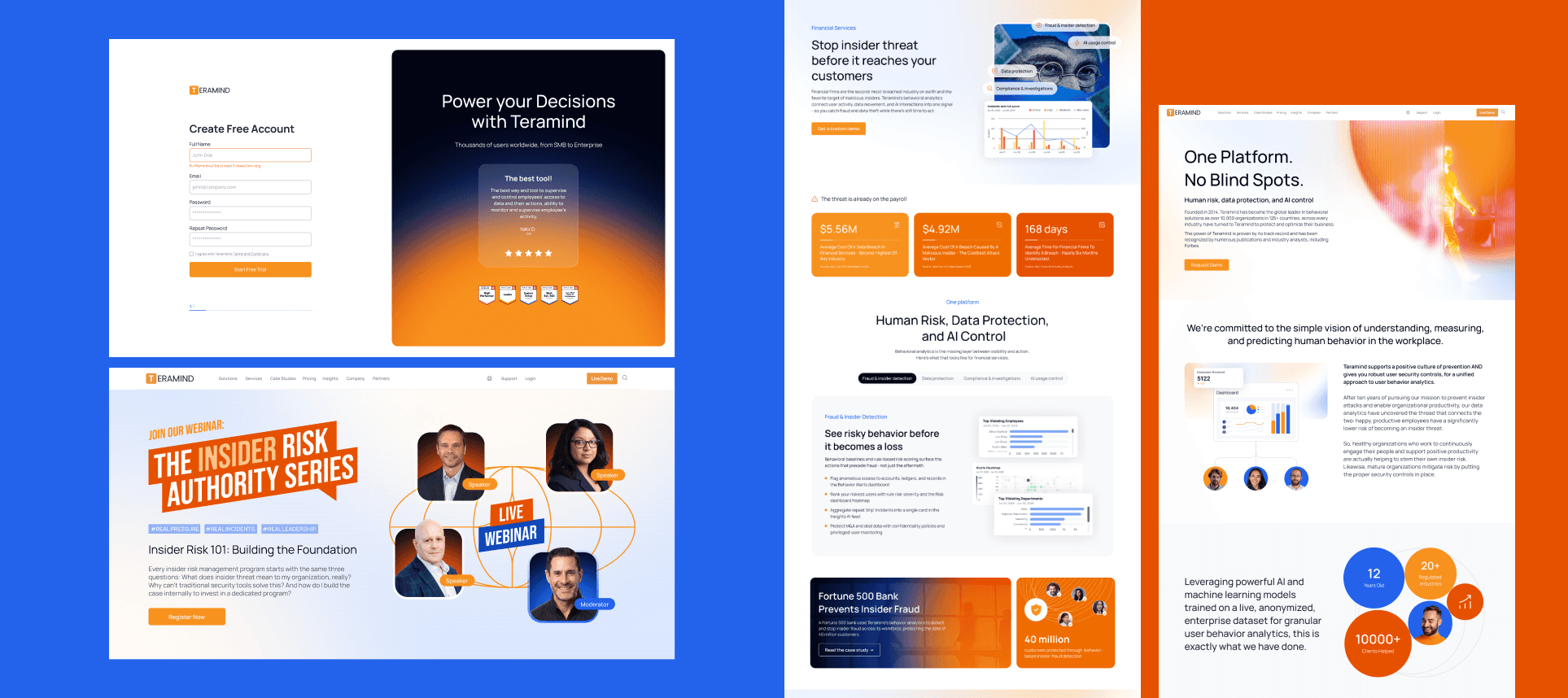 Teramind website page designs, including registration, campaigns and product explanations.
