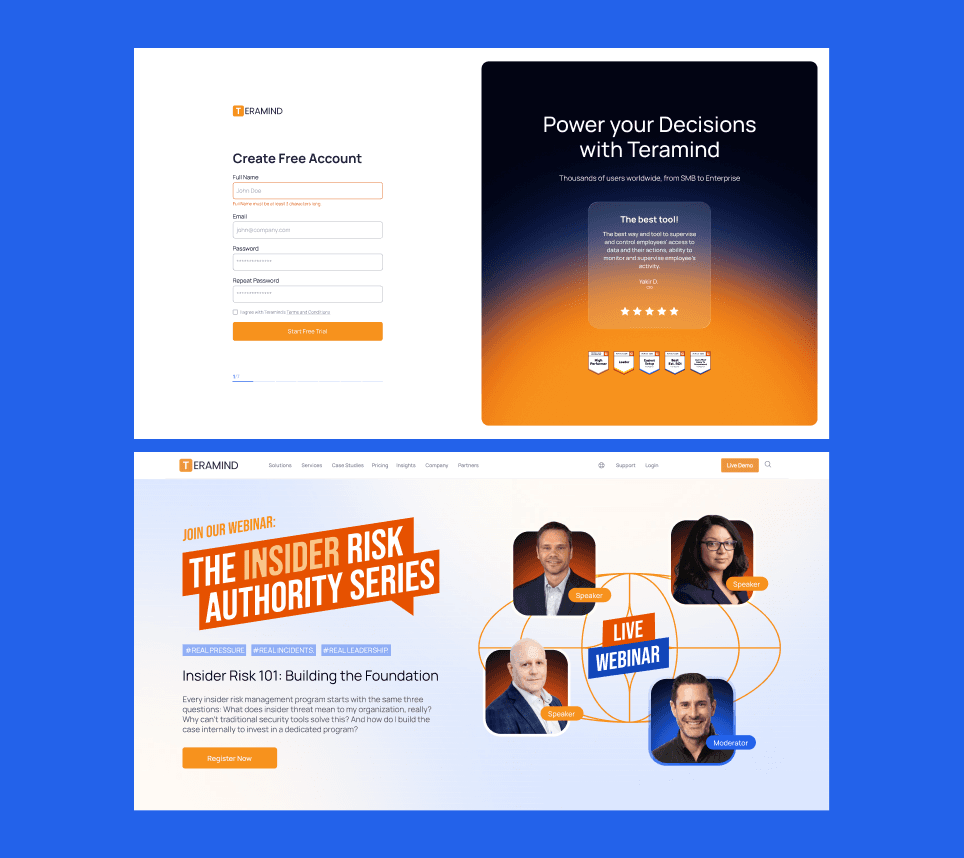 Web design showcase - Teramind sign-up flow and Insider Risk Authority Series webinar page on blue.