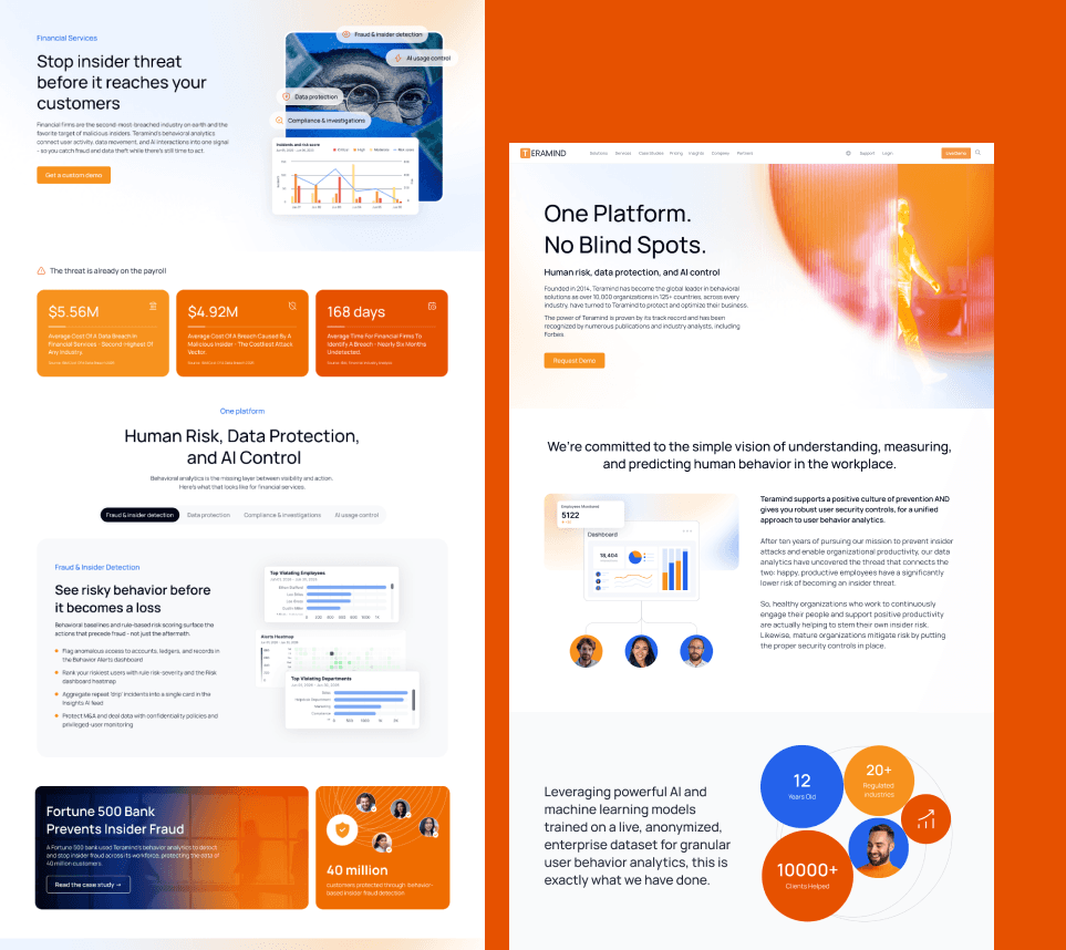 Web design showcase - financial-services landing page and the "One Platform. No Blind Spots." homepage on orange.